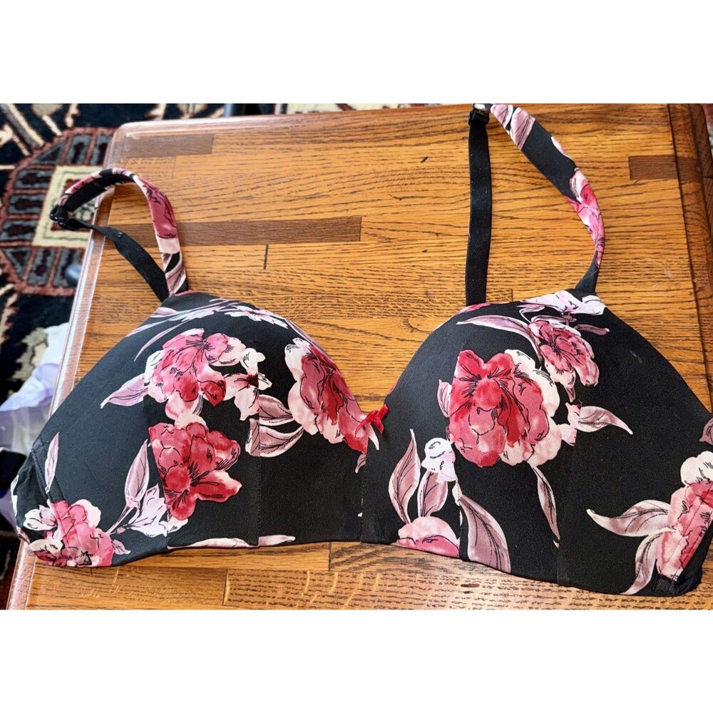 Cacique Bra Size 40C Lightly Lined T Shirt Wireless Red Floral Black Seamless